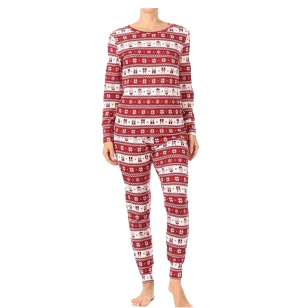 Shosho Christmas Holiday Pajamas PJ Set Red White Fair Isle Santa Claus M Lounge